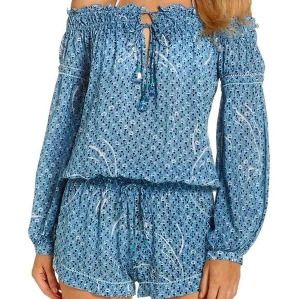 Poupette St Barth romper‎ size M Clara off shoulder Blue Geo flower print